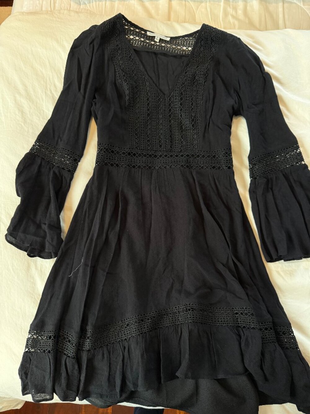 Rebecca Minkoff Merryl Black Crochet Bell Sleeve Mini Dress Size 0